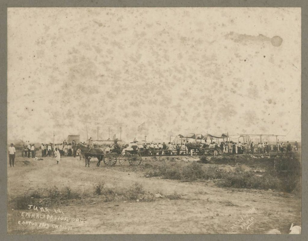 People gathered before a stage for Juneteenth celebrations in Corpus Christi, Texas, 1913